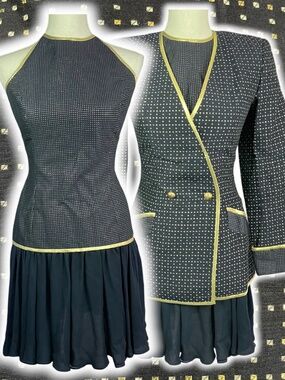 Silk Linen Dress Jacket Set 4 Navy Gold Dot Trim Chiffon Sailor Chic Y2K Blazer